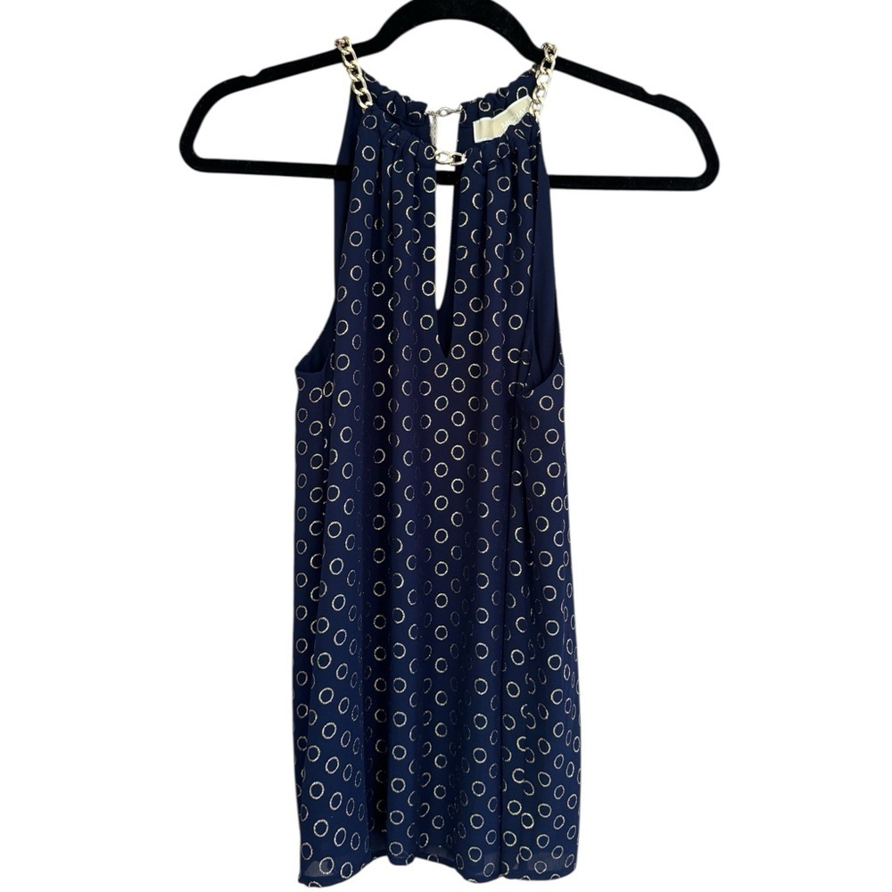 Michael Kors Navy Sleeveless Blouse Chain Accent Gold Circle Design XS or Small